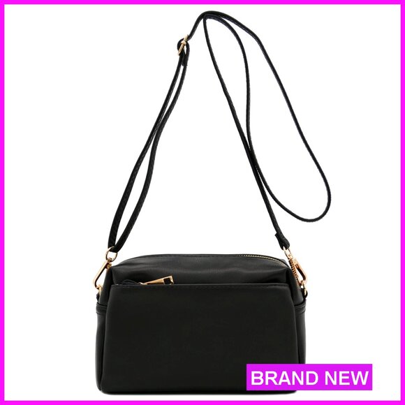Small Triple Zip Crossbody Bag Faux Leather Adjustable Strap Minimal Chic